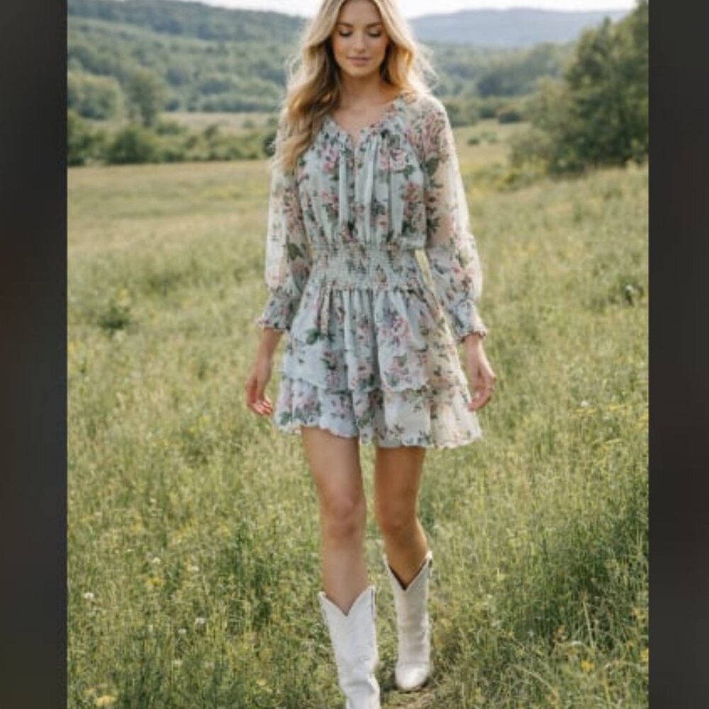 MAGNOLIA Boho Floral Chiffon Tiered Mini Dress Smocked Waist Long Sleeve M NWT